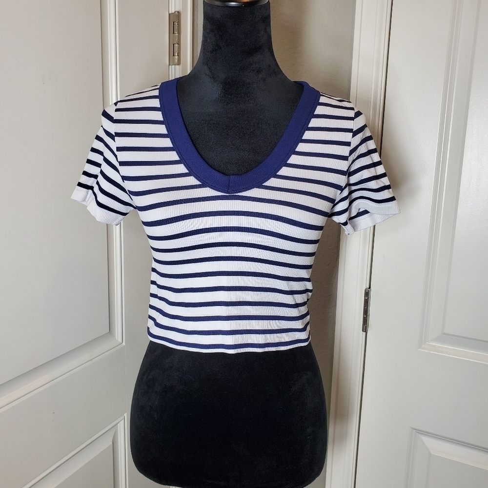 Eye Candy Blue and White Striped V-Neck Crop Top Stretchy Size L/XL Juniors NWOT